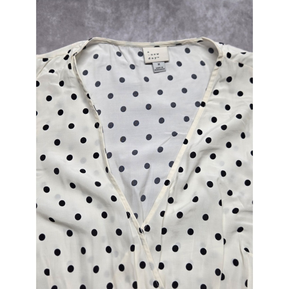 A New Day Women's Medium Dress Ivory Black Short Sleeve Mini Wrap Polka Dots - Picture 4 of 10